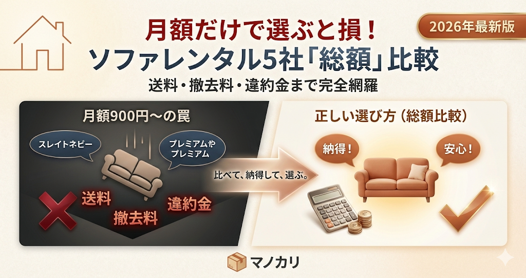 ソファレンタルが安いサービス5選のアイキャッチ。月額料金だけでなく、送料や違約金を含めた総額比較の重要性を訴求。