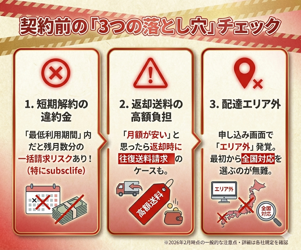 レンタル契約時の注意点3つ。短期解約の違約金、高額な返却送料、対応エリア外のリスクを警告。