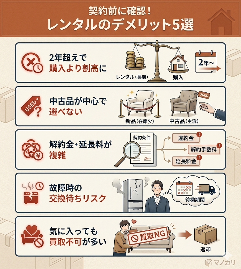家具家電レンタルの5つのデメリット。2年で割高になる、機種が選べない、解約金、故障対応、買取不可などの注意点まとめ。