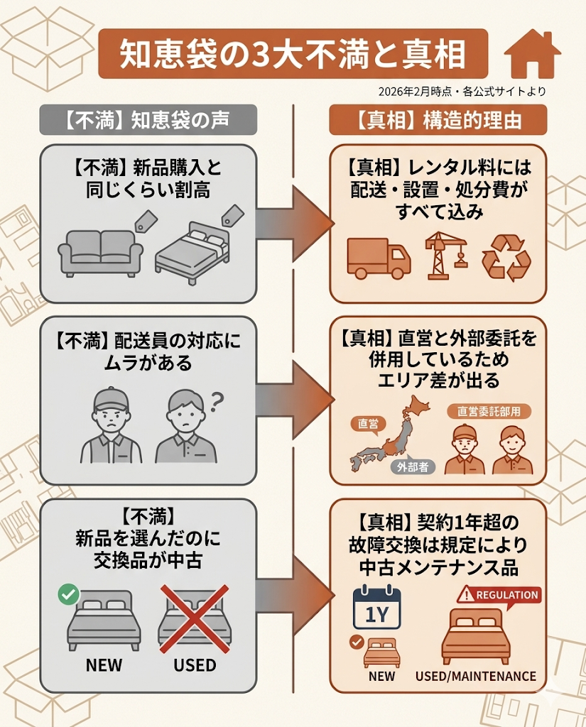 知恵袋の3大不満と真相の対比図。割高感、配送員対応のムラ、交換品の中古対応について、それぞれの構造的な理由を解説