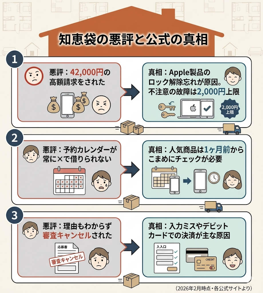 ゲオあれこれレンタルに関する知恵袋の悪評と真相。高額請求、予約不可、審査キャンセルの理由と対策をまとめた図