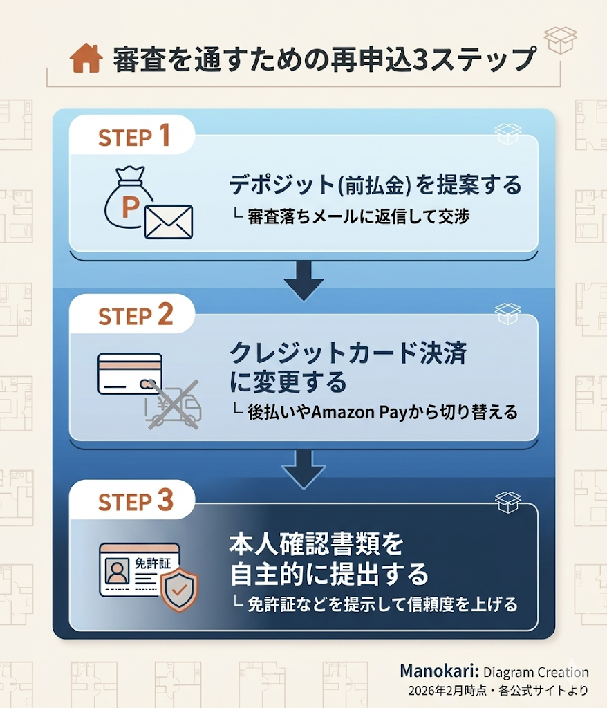 レンティオの再申込3ステップを図解。デポジットの提案、クレカ決済への変更、本人確認書類の提出の流れを解説。