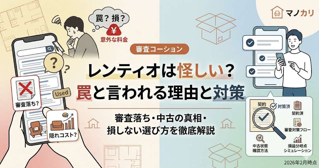 レンティオが怪しいと言われる理由と対策の解説記事アイキャッチ。審査落ちや中古品の真相、損しない選び方を訴求