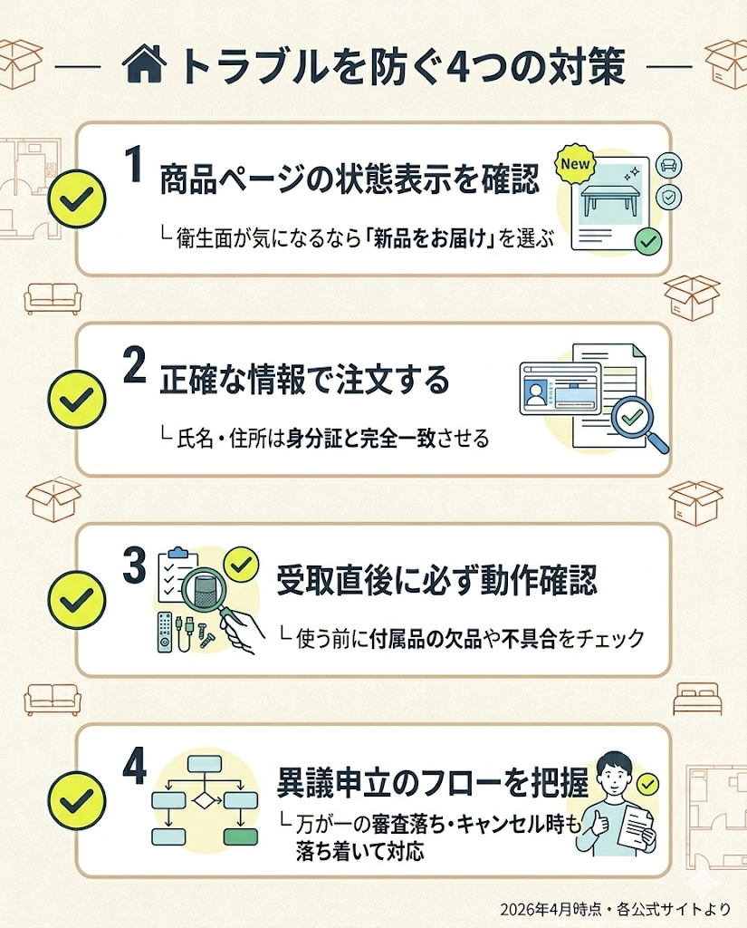レンティオでのトラブルを防ぐ4つの対策を図解。状態表示の確認、正確な情報入力、受取直後の動作確認、異議申立フローの把握