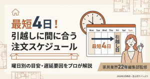 かしてどっとこむの配送日数解説記事アイキャッチ。最短4日の目安と引越しに間に合う注文スケジュールを訴求