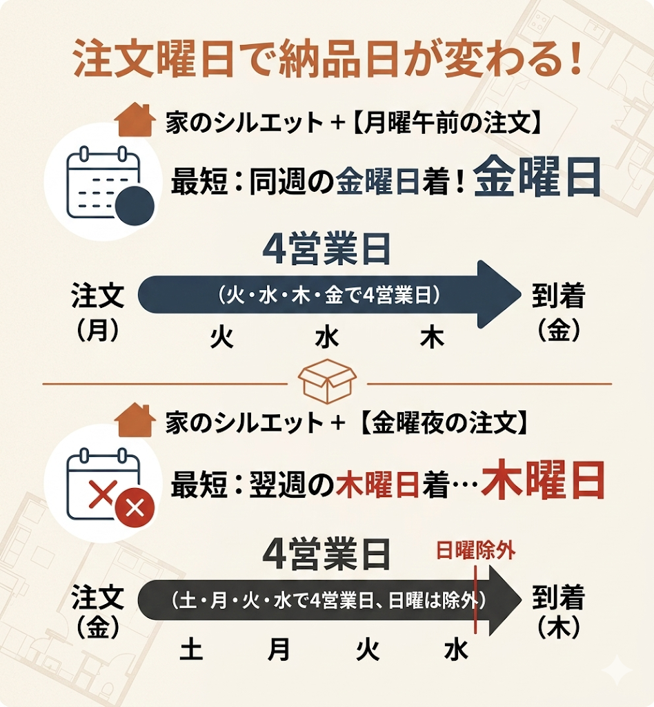 かしてどっとこむの注文曜日別の納品日数目安。月曜午前注文なら同週金曜着、金曜夜注文なら翌週木曜着となる違いを図解