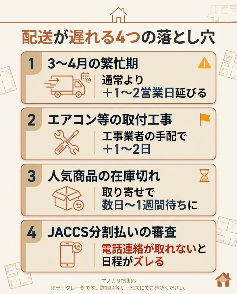 かしてどっとこむの配送が遅れる4つの要因。繁忙期、取付工事、在庫切れ、JACCS審査の連絡待ちによる納期の遅延を図解
