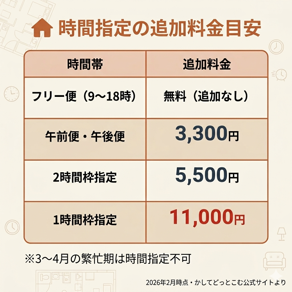 かしてどっとこむの時間指定料金表。フリー便は無料、午前午後便は3300円、2時間枠は5500円、1時間枠は11000円の追加費用を図解
